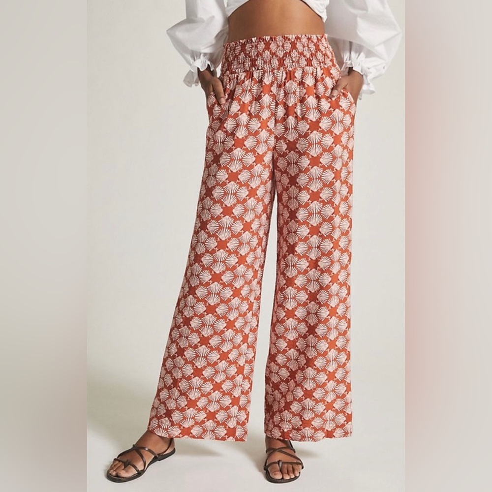 Anthropologie Maeve Shell Wide Leg Pull On Smocked Pants Size Large